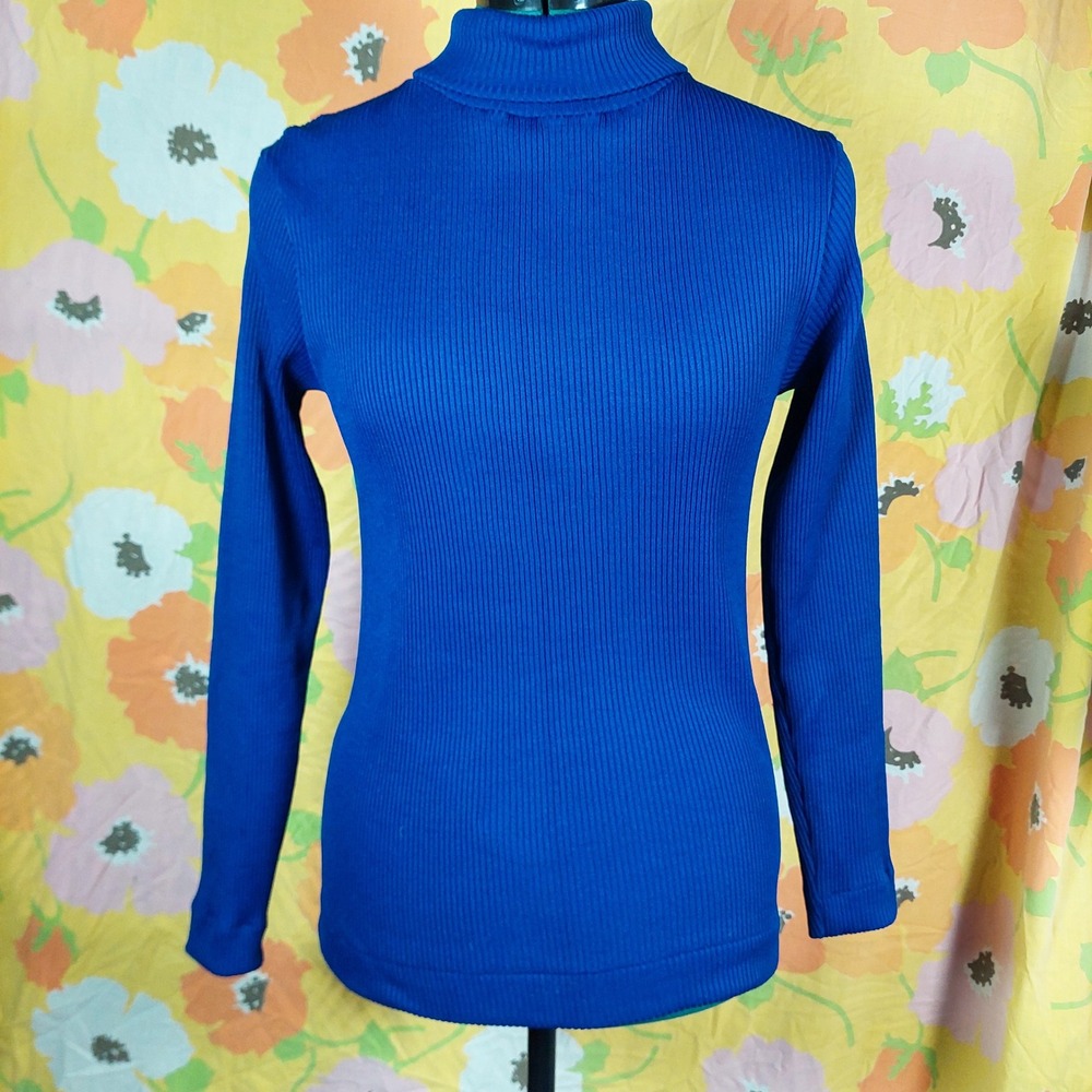 Vintage 70s Ribbed Turtleneck Top Royal Blue Stretchy Long Sleeve Zip Neck M